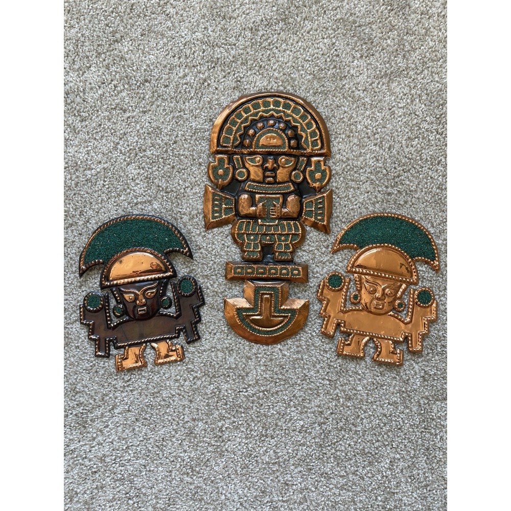 Vintage Peruvian Copper Tumi Wall Art Set 3 Incan God Naylamp Turquoise Inlay